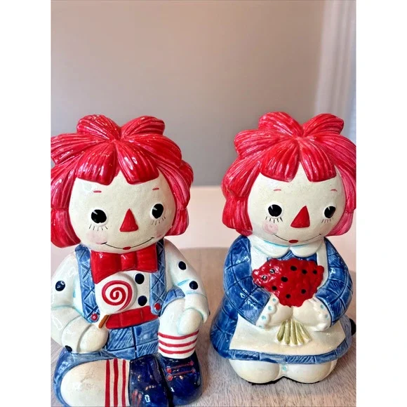 Vintage Fitz & Floyd Raggedy Ann & Andy Ceramic Figurines Pair Blue Outfit FF - Picture 3 of 6